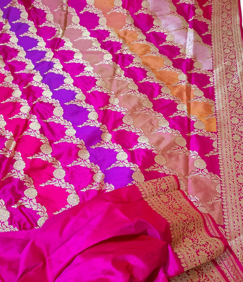 Multicolor Handloom Banarasi Pure Katan Silk Rangkat Saree - Luxurion World