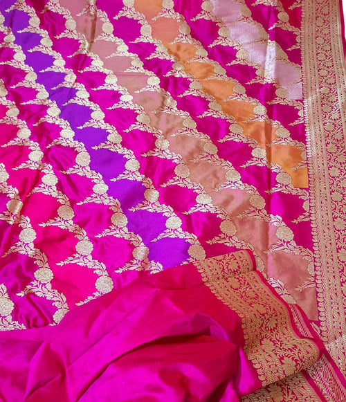 Multicolor Handloom Banarasi Pure Katan Silk Rangkat Saree - Luxurion World