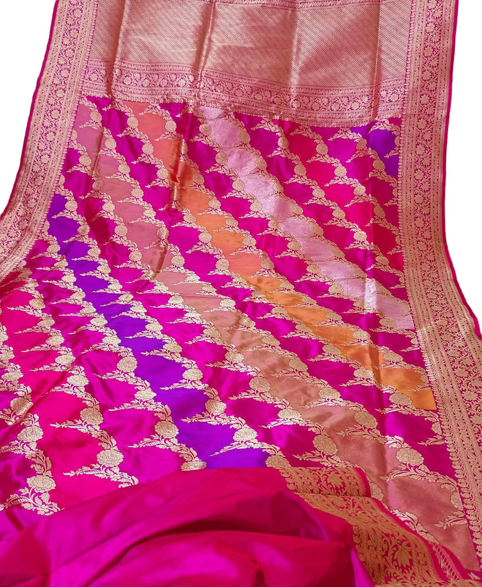 Multicolor Handloom Banarasi Pure Katan Silk Rangkat Saree - Luxurion World