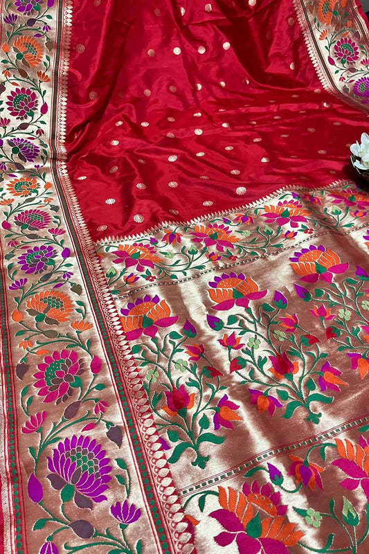 Exquisite Red Banarasi Handloom Silk Saree with Paithani Border - Luxurion World