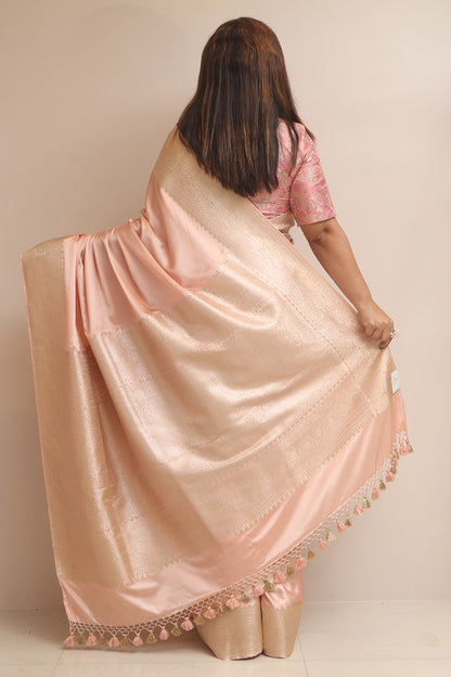 Peach Banarasi Handloom Pure Mashru Silk Plain Saree - Luxurion World