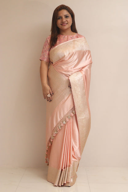 Peach Banarasi Handloom Pure Mashru Silk Plain Saree - Luxurion World