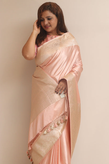 Peach Banarasi Handloom Pure Mashru Silk Plain Saree - Luxurion World