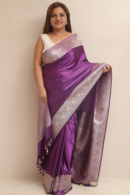 Exquisite Purple Banarasi Handloom Pure Mashru Silk Plain Saree - Luxurion World