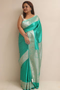 Sea Green Banarasi Handloom Pure Mashru Silk Plain Saree - Luxurion World