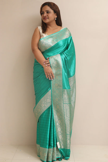 Sea Green Banarasi Handloom Pure Mashru Silk Plain Saree - Luxurion World