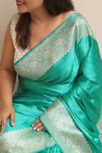 Sea Green Banarasi Handloom Pure Mashru Silk Plain Saree - Luxurion World
