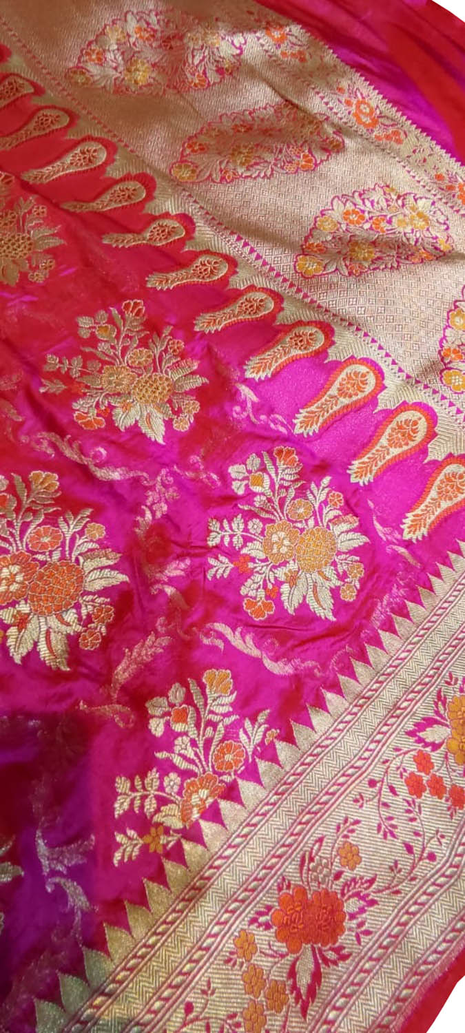 Elegant Pink Banarasi Handloom Pure Katan Silk Meenakari Saree - Luxurion World