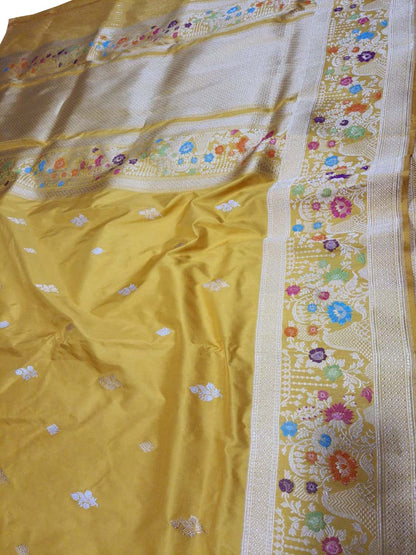 Exquisite Yellow Banarasi Handloom Pure Katan Silk Meenakari Saree - Luxurion World