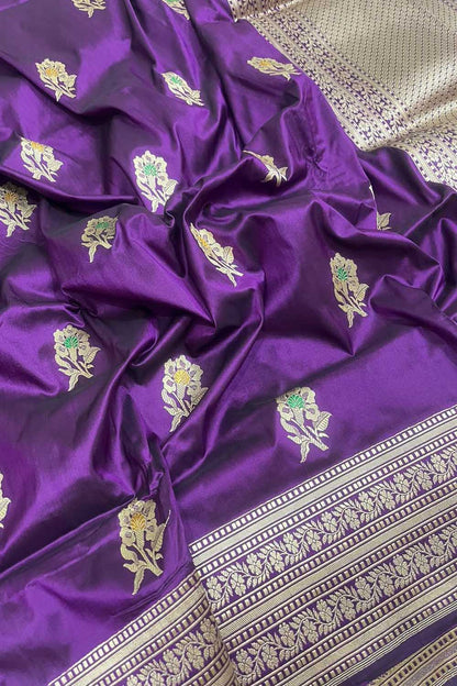 Purple Banarasi Handloom Pure Katan Silk Kadiyal Saree - Luxurion World