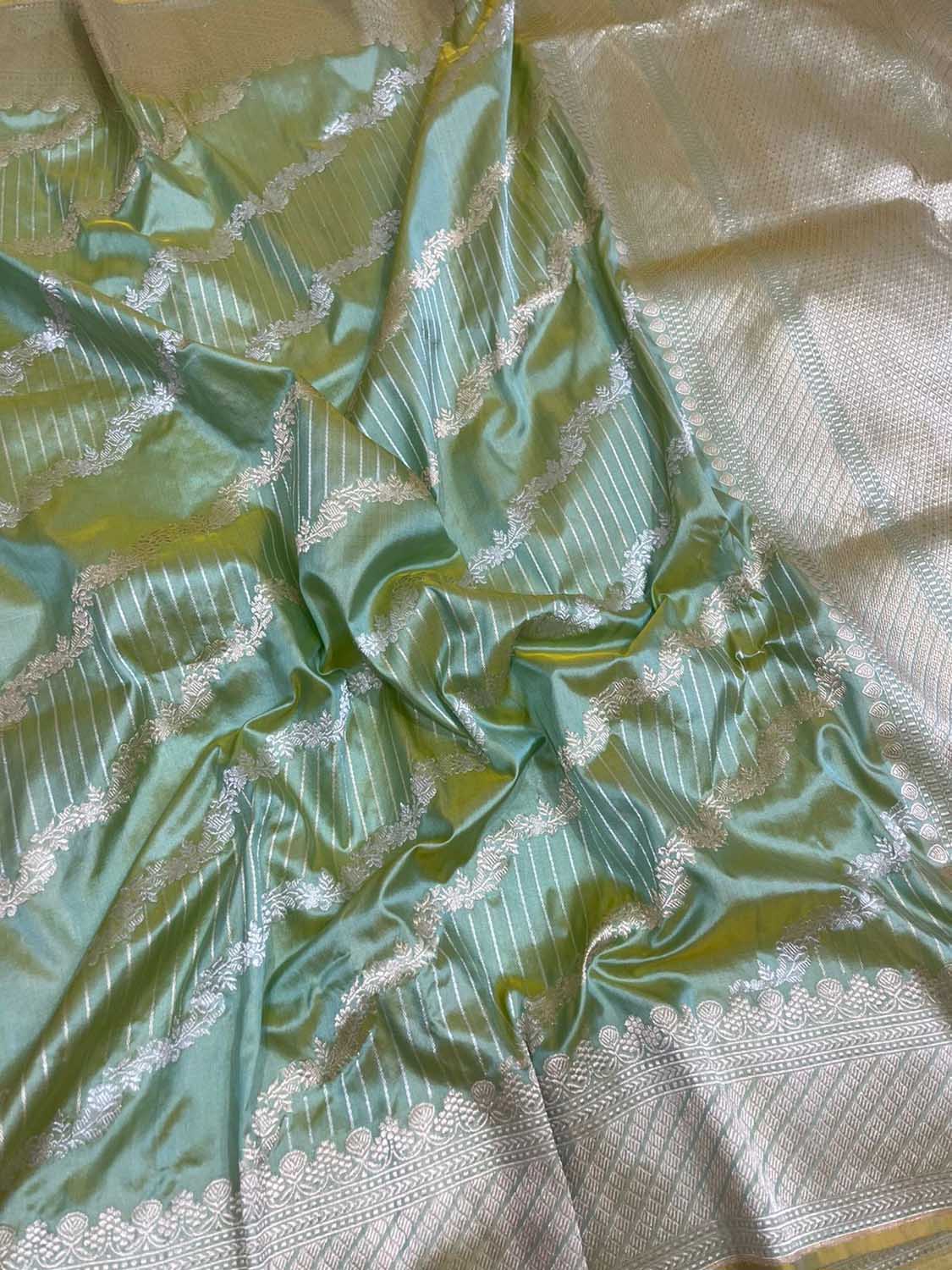 Green Banarasi Handloom Pure Katan Silk Kadwa Lehariya Jangla Saree - Luxurion World