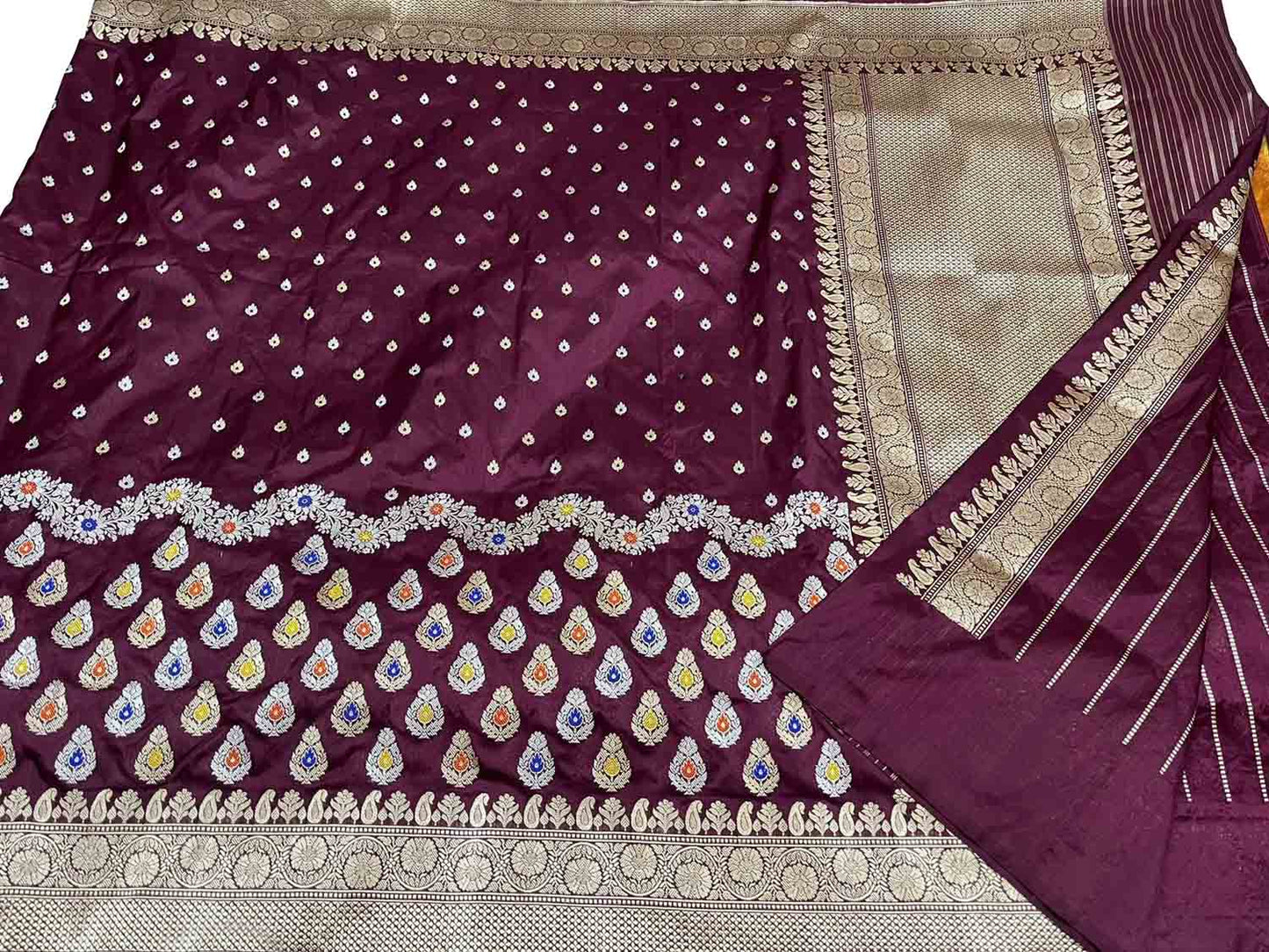 Maroon Banarasi Handloom Pure Katan Silk Kadwa Meenakari Border Saree - Luxurion World
