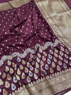 Maroon Banarasi Handloom Pure Katan Silk Kadwa Meenakari Border Saree - Luxurion World