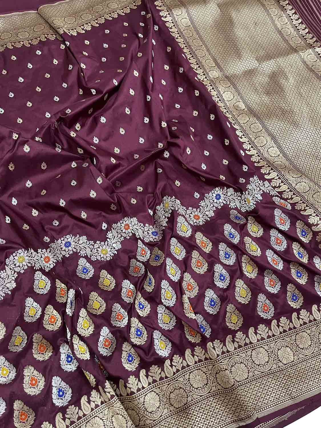 Maroon Banarasi Handloom Pure Katan Silk Kadwa Meenakari Border Saree - Luxurion World