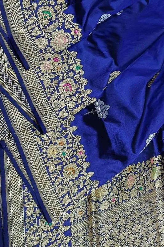 Blue Banarasi Handloom Pure Katan Silk Meenakari Border Saree - Luxurion World