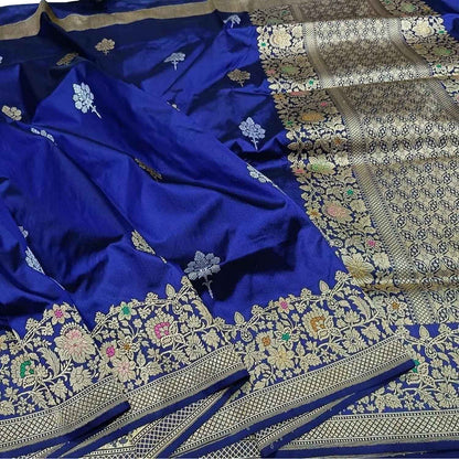 Blue Banarasi Handloom Pure Katan Silk Meenakari Border Saree - Luxurion World