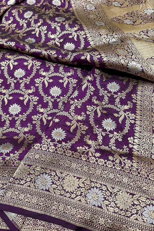 Purple Banarasi Handloom Pure Katan Silk Saree - Luxurion World