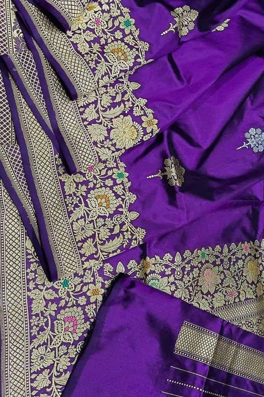 Purple Banarasi Handloom Pure Katan Silk Meenakari Saree - Luxurion World