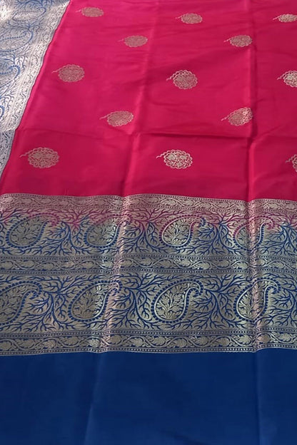 Pink And Blue Pure Katan Silk Banarasi Handloom Saree - Luxurion World