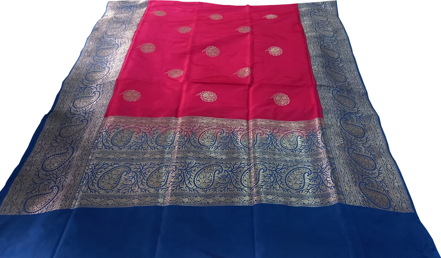 Pink And Blue Pure Katan Silk Banarasi Handloom Saree - Luxurion World