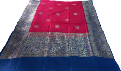 Pink And Blue Pure Katan Silk Banarasi Handloom Saree - Luxurion World