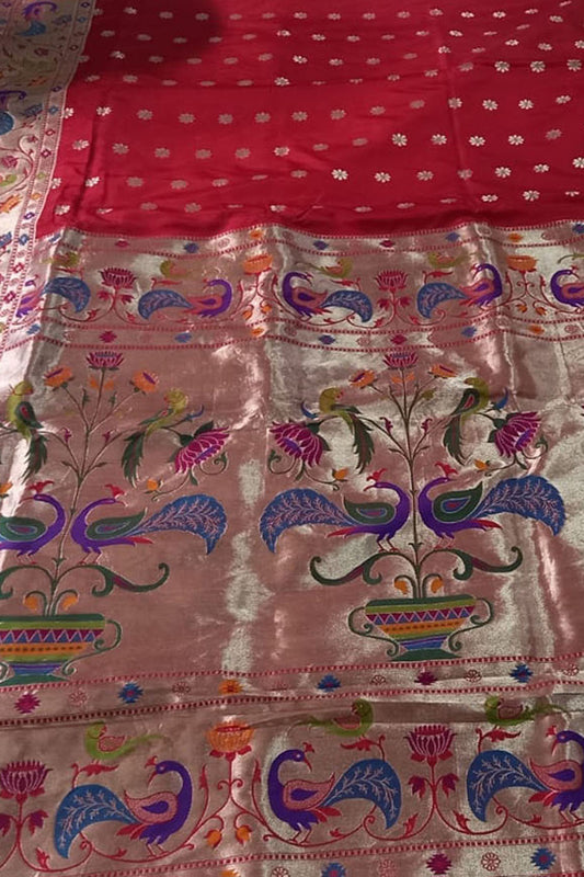 Red Pure Katan Silk Banarasi Handloom Paithani Border Saree - Luxurion World