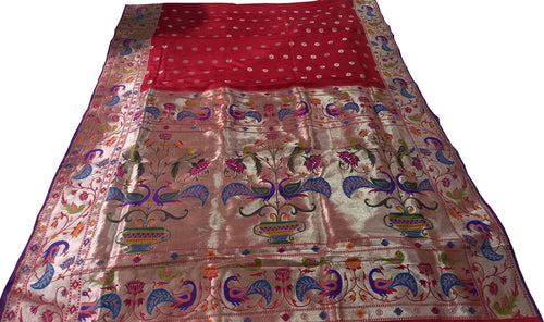 Red Pure Katan Silk Banarasi Handloom Paithani Border Saree - Luxurion World