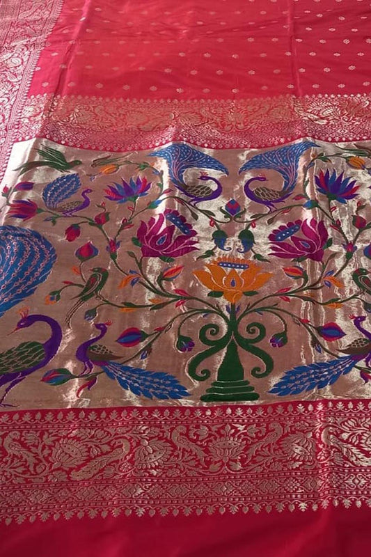 Pink Pure Katan Silk Banarasi Handloom Paithani Border Saree - Luxurion World