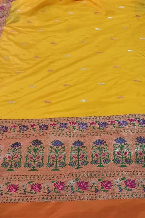 Yellow Pure Katan Silk Banarasi Handloom Paithani Border Saree - Luxurion World