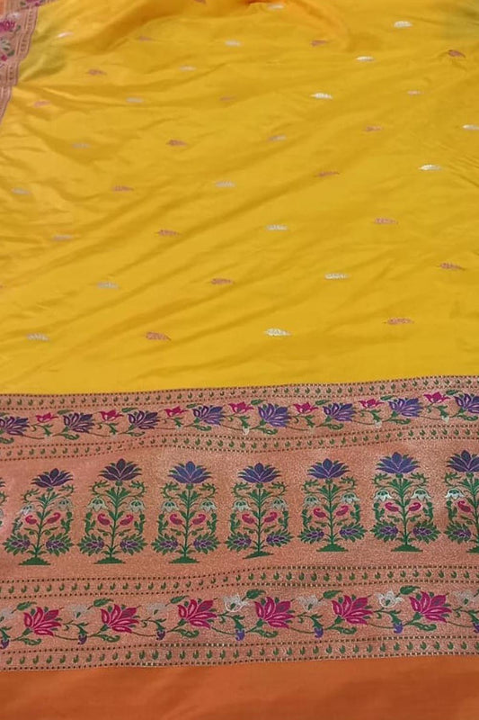 Yellow Pure Katan Silk Banarasi Handloom Paithani Border Saree - Luxurion World