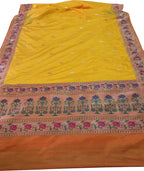 Yellow Pure Katan Silk Banarasi Handloom Paithani Border Saree - Luxurion World