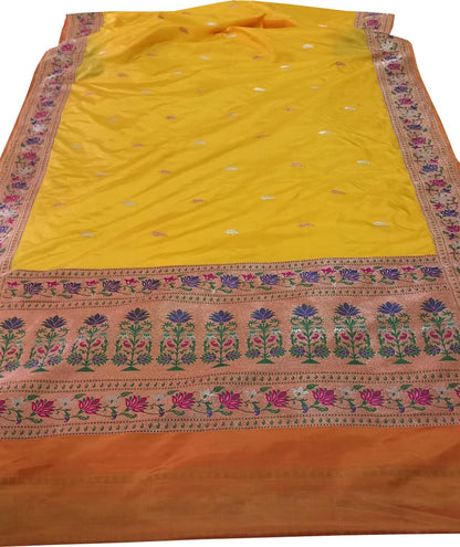 Yellow Pure Katan Silk Banarasi Handloom Paithani Border Saree - Luxurion World