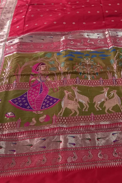Pink Pure Katan Silk Banarasi Handloom Paithani Border Saree - Luxurion World