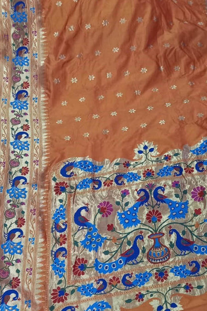 Orange Pure Katan Silk Banarasi Handloom Paithani Border Saree - Luxurion World
