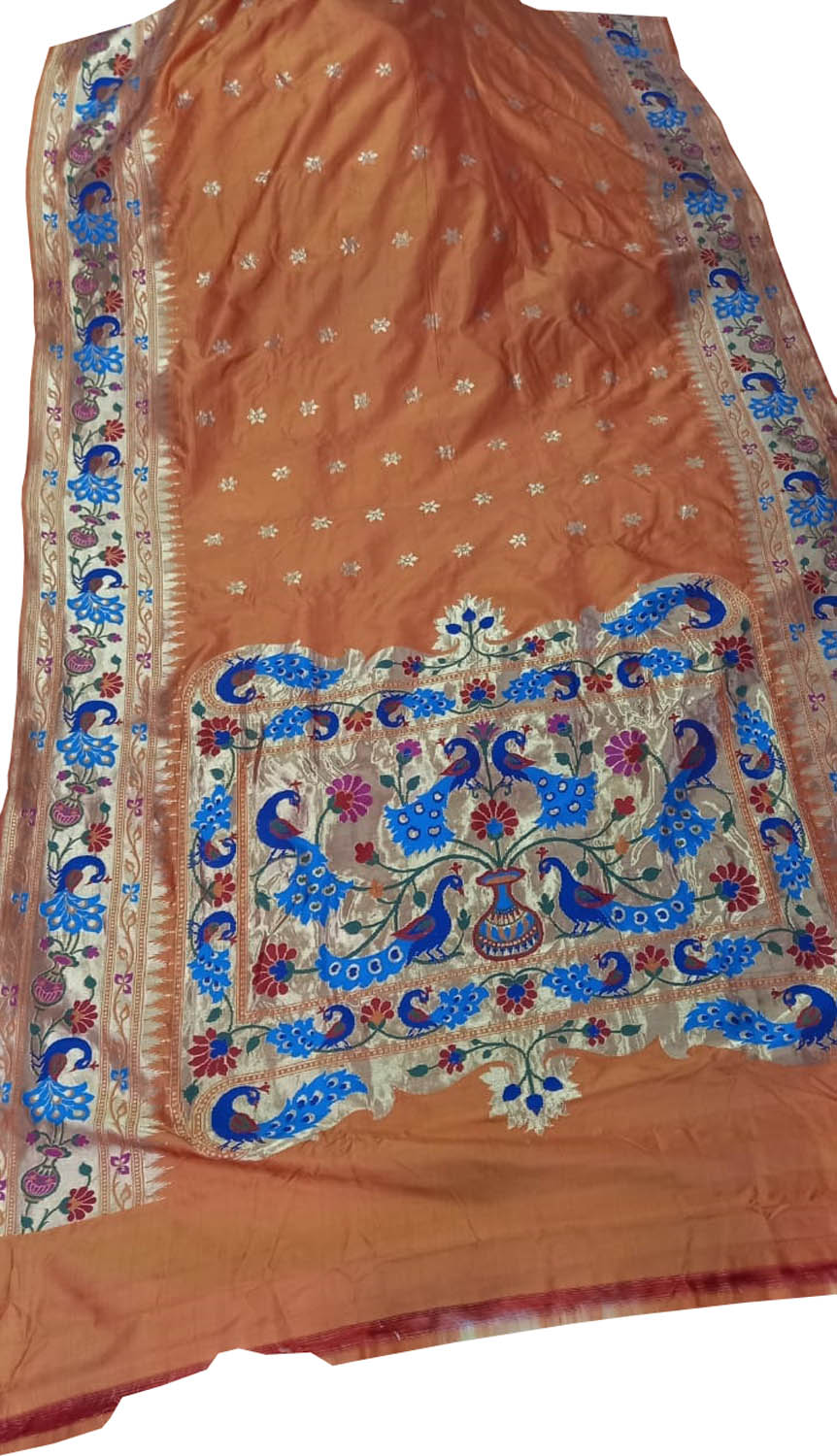 Orange Pure Katan Silk Banarasi Handloom Paithani Border Saree - Luxurion World