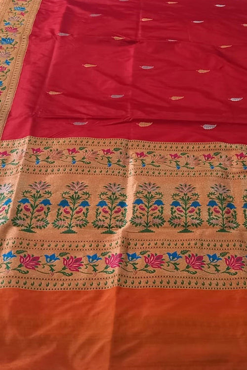Red Pure Katan Silk Banarasi Handloom Paithani Border Saree - Luxurion World