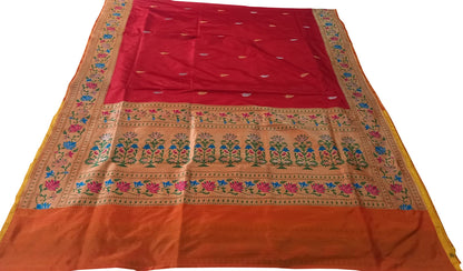 Red Pure Katan Silk Banarasi Handloom Paithani Border Saree - Luxurion World