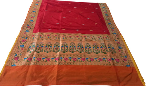 Red Pure Katan Silk Banarasi Handloom Paithani Border Saree - Luxurion World