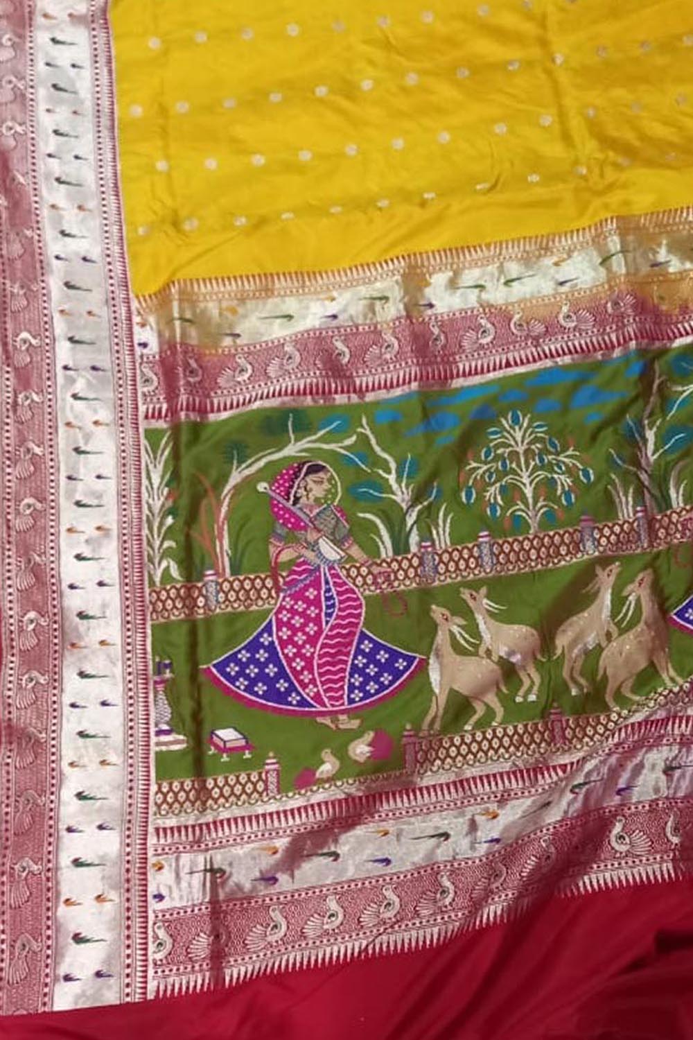 Yellow Pure Katan Silk Banarasi Handloom Paithani Border Saree - Luxurion World