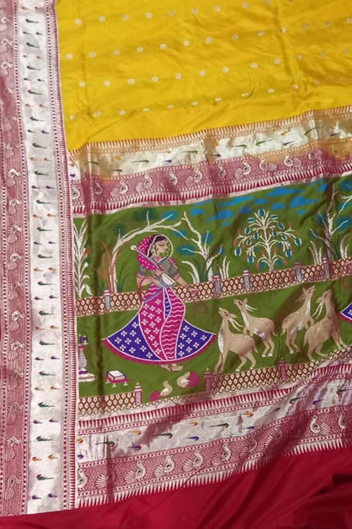 Yellow Pure Katan Silk Banarasi Handloom Paithani Border Saree - Luxurion World