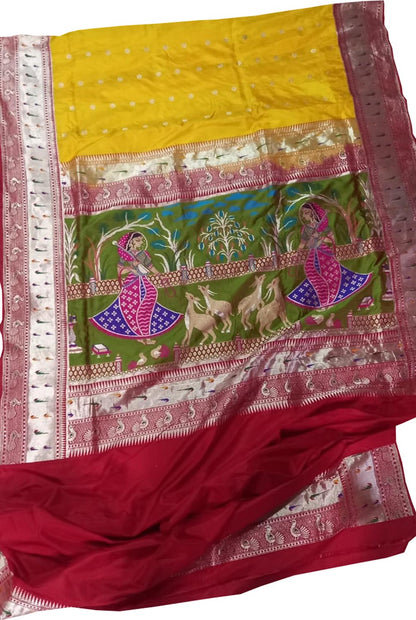 Yellow Pure Katan Silk Banarasi Handloom Paithani Border Saree - Luxurion World