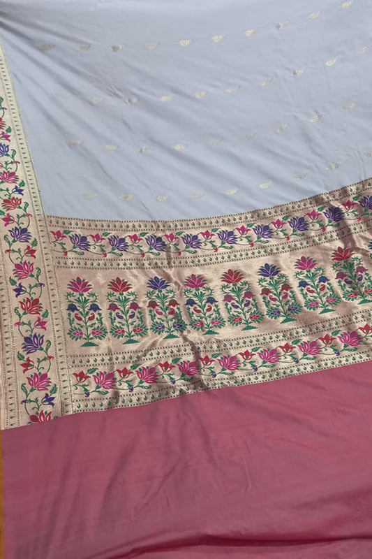 Off White Pure Katan Silk Banarasi Handloom Paithani Border Saree - Luxurion World