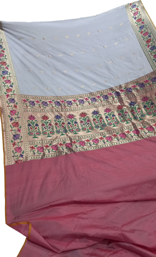 Off White Pure Katan Silk Banarasi Handloom Paithani Border Saree - Luxurion World