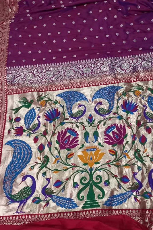 Purple Pure Katan Silk Banarasi Handloom Paithani Border Saree - Luxurion World