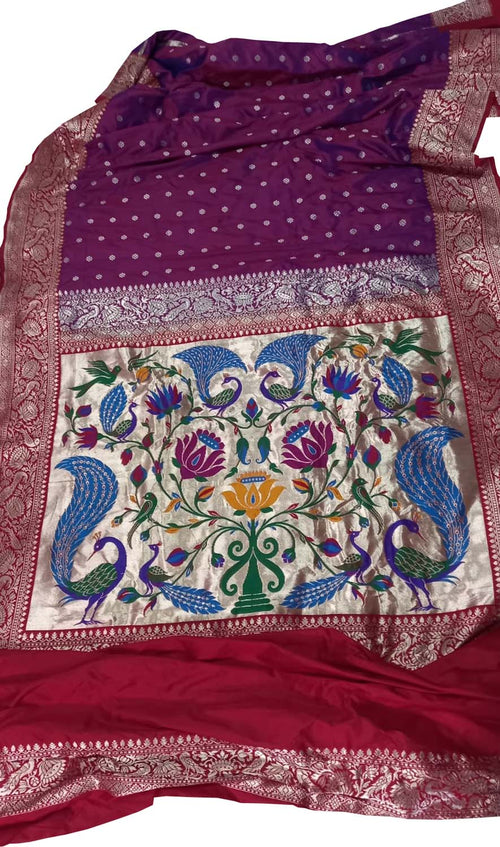 Purple Pure Katan Silk Banarasi Handloom Paithani Border Saree - Luxurion World
