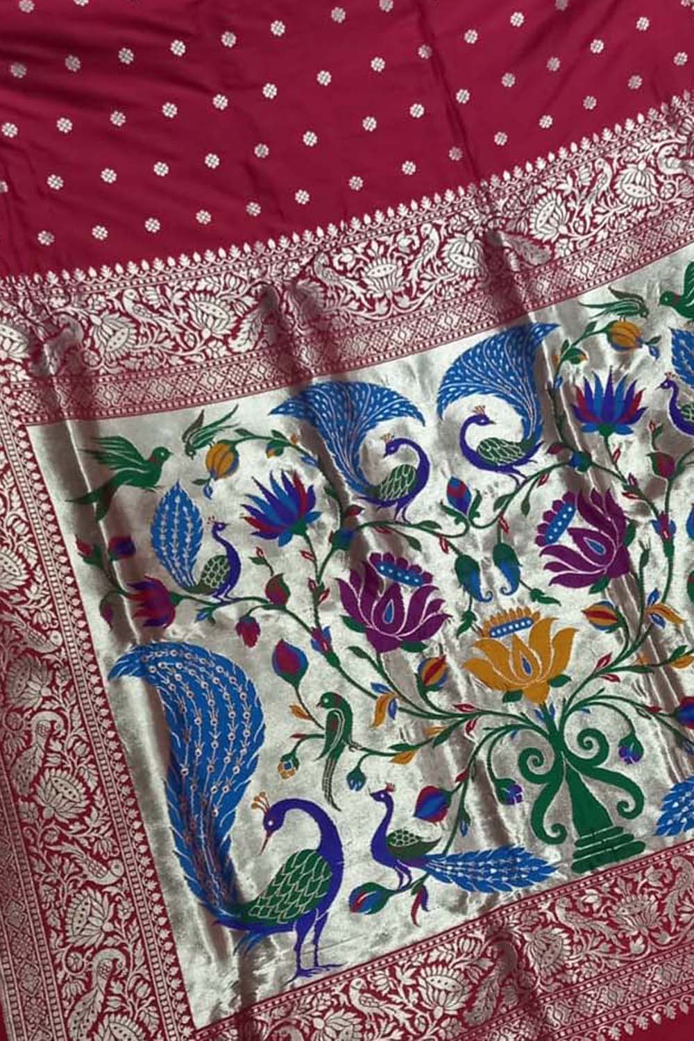 Red Pure Katan Silk Banarasi Handloom Paithani Border Saree - Luxurion World