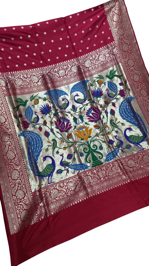 Red Pure Katan Silk Banarasi Handloom Paithani Border Saree - Luxurion World