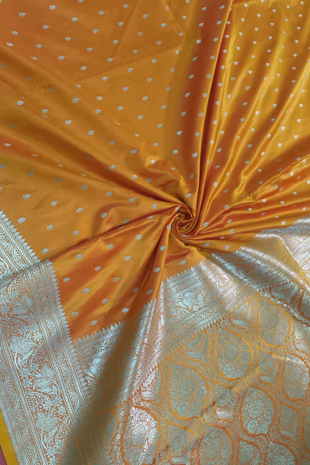 Yellow Orange Banarasi Silk Saree - Luxurion World