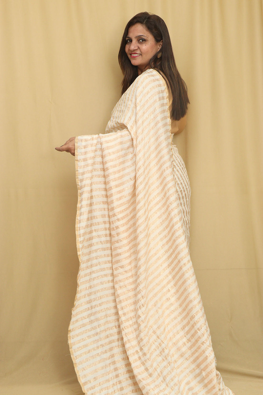 Elegant Dyeable Banarasi Handloom Pure Moonga Crushed Tissue Stripe Saree - Luxurion World