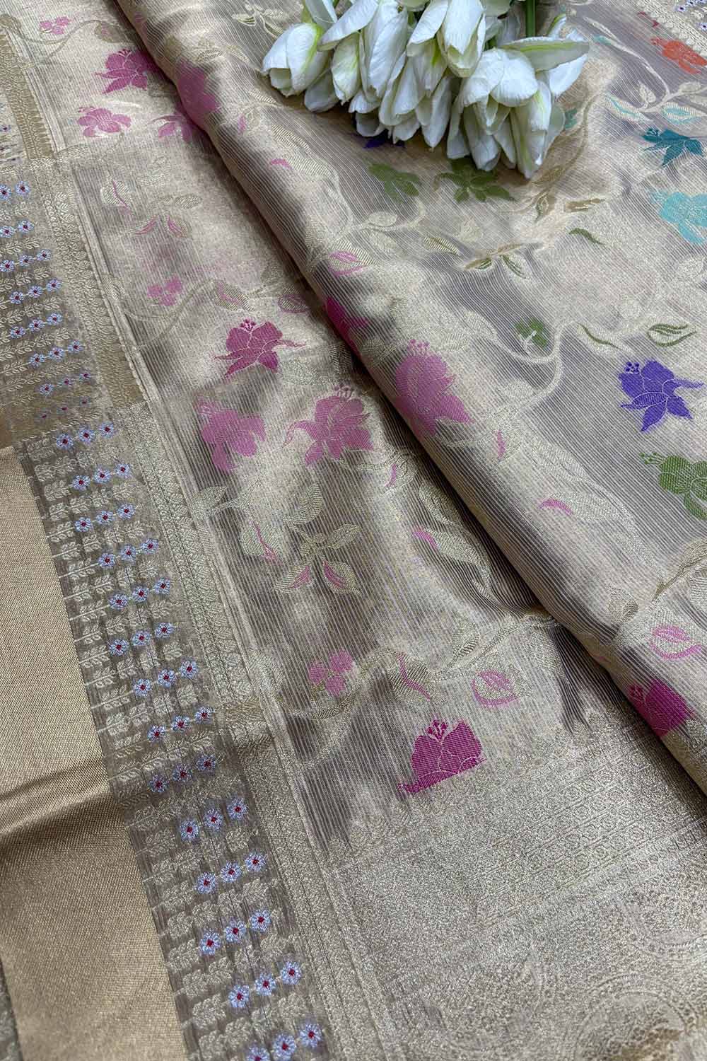 Exquisite Golden Banarasi Kota Tissue Meenakari Flower Design Saree - Luxurion World
